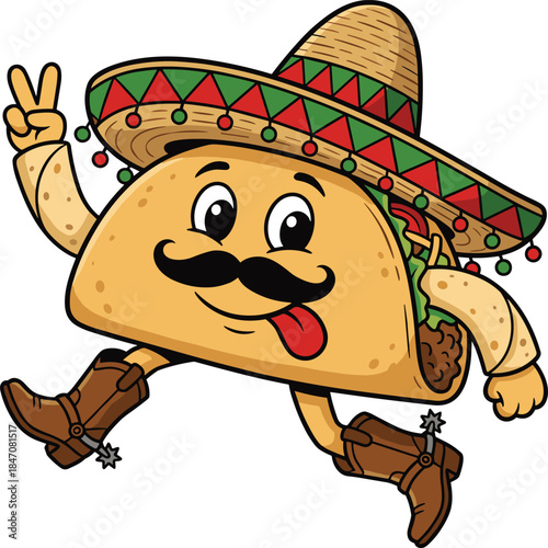 Cartoon taco character with sombrero, mustache, peace sign, dancing pose, Mexican food mascot - flat vector illustrationCartoon taco character with sombrero, mustache, ration