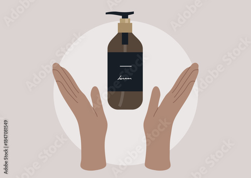 Two open hands gently support a sleek lotion bottle, symbolizing the art of pampering oneself, The serene backdrop enhances the feeling of relaxation and personal care.