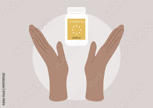 Two open hands cradle a bottle of vitamin D3, symbolizing well-being and the importance of vitamins in everyday life during a calm moment