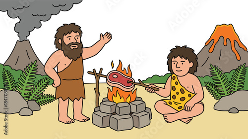Prehistoric humans cooking meat near erupting volcano, primitive lifestyle, stone age fire scene, cartoon nature setting - flat vector illustration