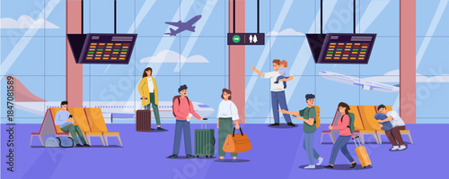 People waiting, walking, and sitting with luggage in a busy airport terminal with visible planes and information screens, flat cartoon style. Vector illustration
