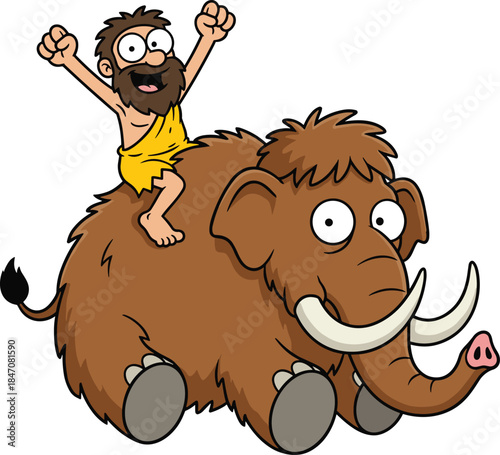 Cartoon caveman riding woolly mammoth with excited pose, prehistoric scene, ancient human and megafauna - flat vector illustration
