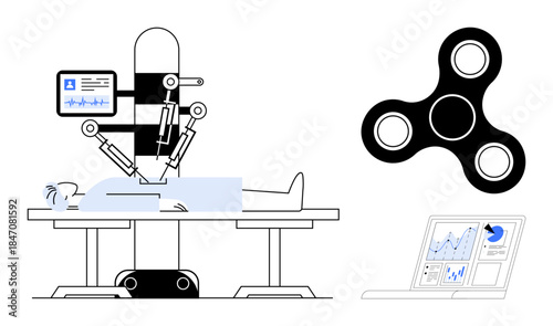 Medical technology, robotic surgery, innovation, automation, healthcare, analytics. Robotic system operating on a patient, analytics dashboard and spinner. Medical technology and robotic surgery