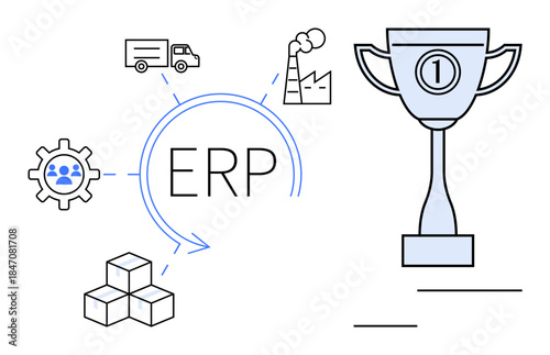 ERP concept. ERP systems streamline supply chain, manufacturing, and workforce management. ERP enhances operational efficiency and business success. For logistics, manufacturing, business management