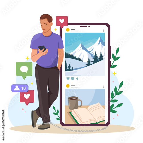 Young man using phone, leaning on large smartphone with social media interaction icons, flat cartoon style, on white background. Concept of digital addiction. Vector illustration
