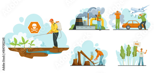 Set of people causing environmental harm by spraying pesticides, polluting air, creating noise, and cutting trees, with a protester in nature. Vector illustration