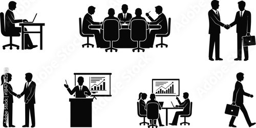 Business Meeting and Professional Handshake Silhouettes Icons Set