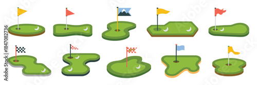 Golf Course Elements Vector Illustration with Flags, Golf Balls, Holes, and Fairway Icons for Sports Design and Recreation Background