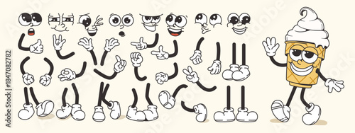 Cartoon ice cream cone character with multiple expressive face, arm, hand, and leg options on light background. Concept of customization. Vector illustration