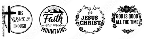 Spiritual Sayings Design: Four circular emblem featuring Christian quotes. Featuring a cross, mountains, a floral wreath, and script typography. Perfect for spiritual content.