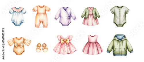Watercolor baby clothing set with soft pastel outfits for newborn and infant wear.