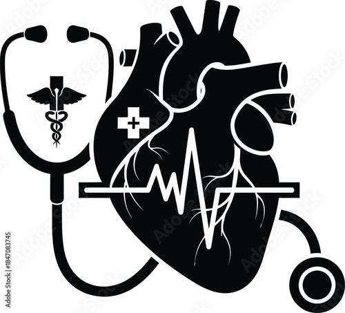 heart with medical symbols and stethoscope representing healthcare and medical care