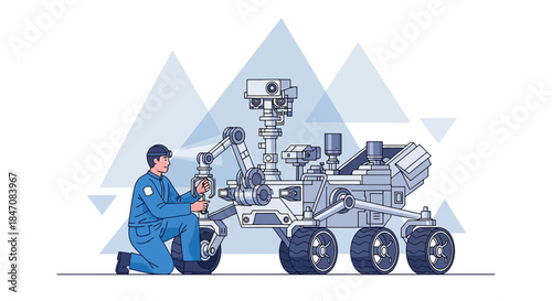 Futuristic scene of a robotic engineer maintaining a rover in an abstract environment