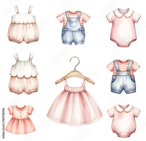 Hand painted baby girl clothing set with soft pastel dresses and newborn outfits.