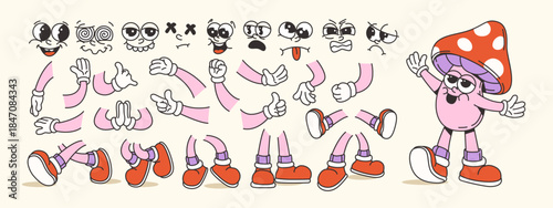 Cartoon set showing a mushroom character with interchangeable facial expressions, hand gestures, and leg poses. Vector illustration