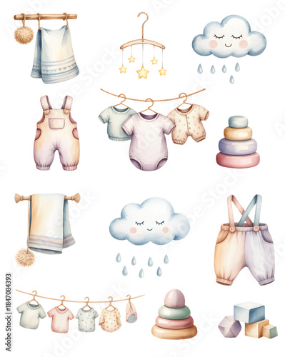 Soft watercolor baby essentials with hanging clothes, toys, and nursery decor.