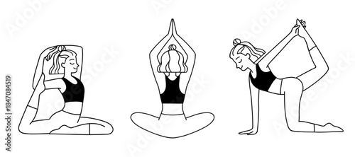 Vector illustration set of women with wavy hair practicing yoga. Line drawing of female characters stretching in different asanas. Mermaid Pose, Lotus pose with hands up, Bird Dog Pose Variation. 