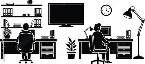 Modern office workspace with people working at desks and office equipment