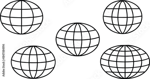 Five globe icons with different projections and distortions