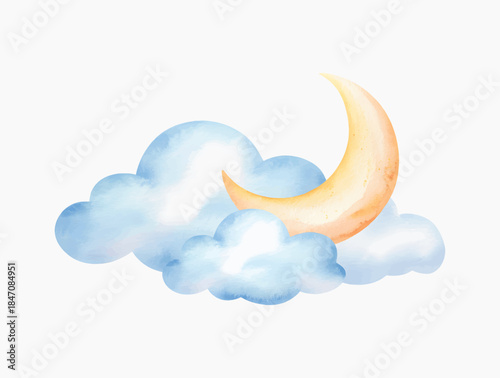 Watercolor sleeping moon on clouds for baby birthday clipart. Nursery moon and cloud illustration for kids birthday decor.