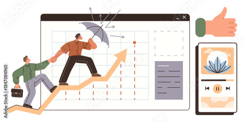 Two professionals climb an upward arrow while shielded by an umbrella on a data chart screen. Features external validation and support. Ideal for success, growth, teamwork, progress, resilience