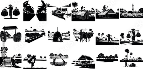 Historic scenes silhouette collage with various activities