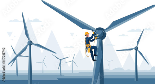 Illustration depicting a worker maintaining a wind turbine in a wind farm landscape showcasing