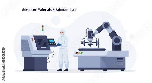 Illustration depicting advanced material fabrication labs with robotic arm and operator