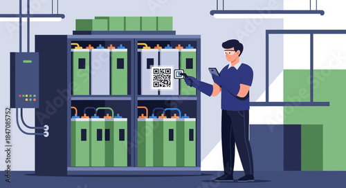 Illustration depicting an engineer scanning a qr code on an industrial battery system for analysis