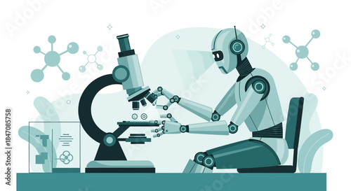 Illustration of a futuristic robot scientist utilizing a microscope for advanced scientific