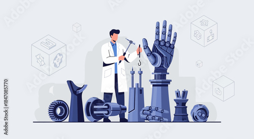 Illustration of a robotic arm being developed by a scientist in a laboratory setting focusing on