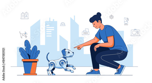 Illustration showcasing a person interacting with a robotic dog in an urban environment