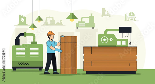 Illustration showcasing worker handling lumber in modern industrial wood processing factory or