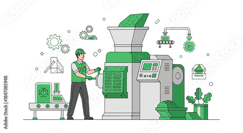 Illustration showcasing a worker operating a green industrial recycling machine with conveyor