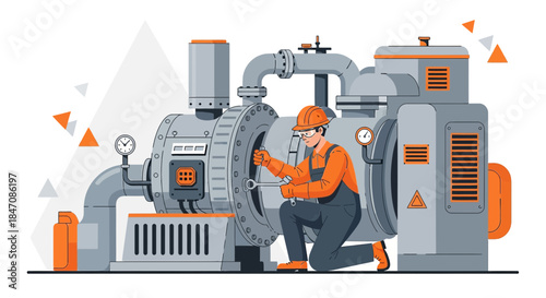 Industrial maintenance scene showcasing a mechanic repairing complex machinery with precision and