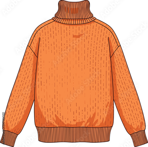 Cartoon orange turtleneck sweater back view, ribbed collar and cuffs, knitted texture, cozy fashion, flat vector illustration