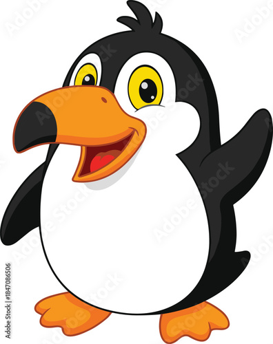 Cartoon penguin with cheerful expression, black and white body, orange beak and feet, cute animal character, flat vector illustration