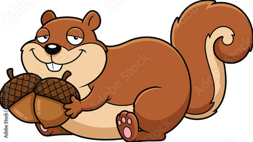 Cartoon squirrel holding acorns with mischievous grin, bushy tail, cute animal character, flat vector illustration