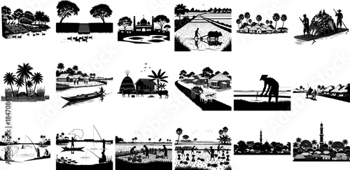 A collage of vintage silhouette scenes featuring various landscapes and people silhouette