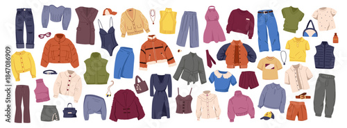 Diverse set of casual and trendy clothes for men and women in flat graphic style on white background. Concept of fashion, outfit, and wardrobe. Vector illustration