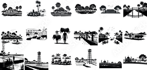Silhouette of various scenes and landmarks in a collage style silhouette