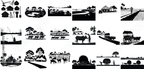 Collage of silhouette images featuring various scenes and landscapes silhouette