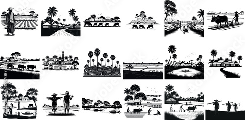 Silhouette collage of various scenic landscapes and cityscapes in black and white