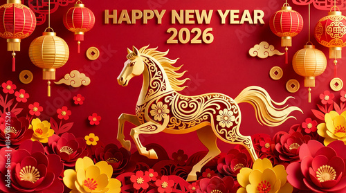 Paper-cut style golden horse with floral patterns on a red background, surrounded by paper flowers and hanging lanterns. Happy New Year 2026 greeting banner.