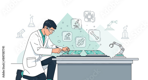 Innovating future technologies: a scientist working on robotic and microchip engineering projects