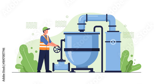 Industrial worker operating machinery in a factory setting for water filtration or chemical