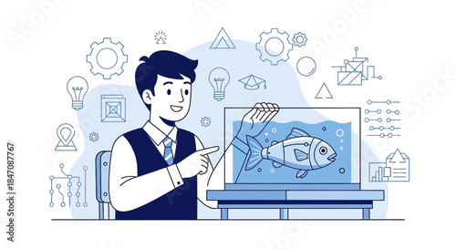 Innovative aquarium showcase featuring futuristic fish design with business expert presentation