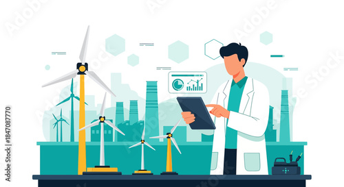 Innovation in Renewable Energy: Scientist Analyzing Wind Turbine Data on Tablet with Cityscape