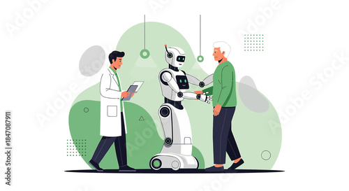 Innovative healthcare solution concept with friendly robot assistant and doctor interacting with