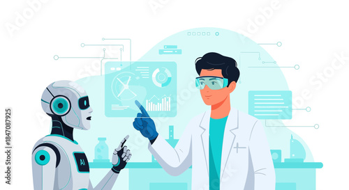 Innovative partnership: scientist and ai robot collaborate on advanced research projects in a
